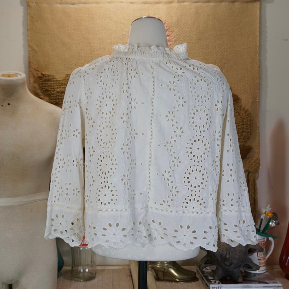 eyelet lace boho cotton blouse top with button detail
